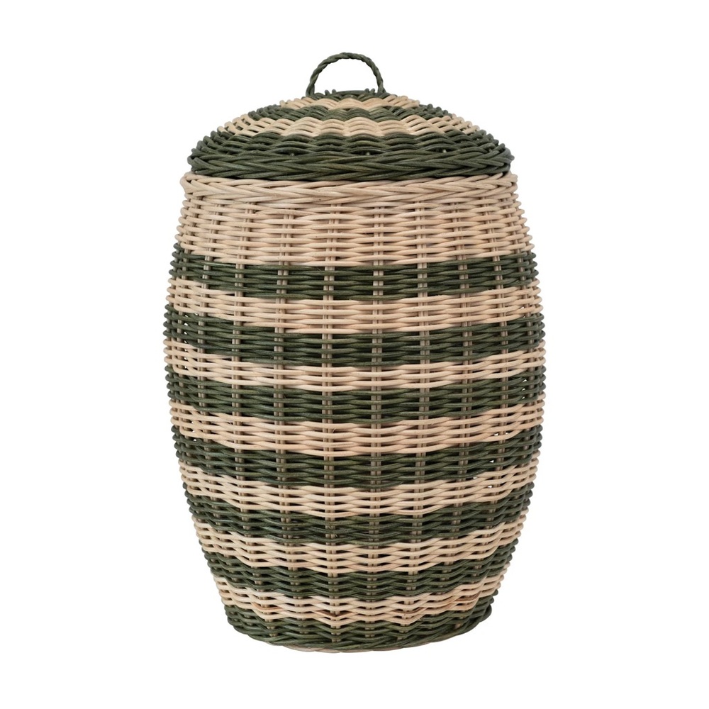 Green and Cream Striped Hand-Woven Rattan Basket with Lid